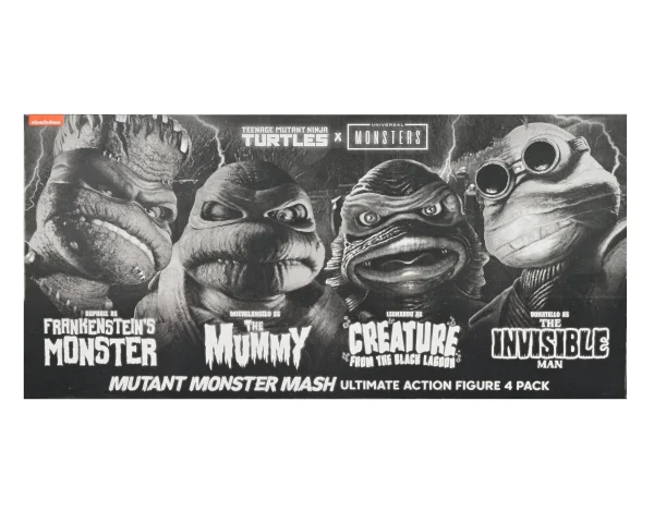 Unleash the black and white Ninja Turtles Universal Monsters 4-pack by NECA. Four horror-inspired 7” figures with deluxe accessories at themoviemerch.com