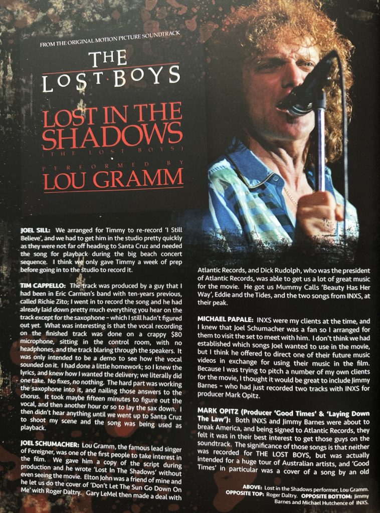 Lost in the Shadows: The Making of the Lost Boys in stock at ready to ship from the UK at TheMovieMerch.com - inside book - Lou Gramm bio