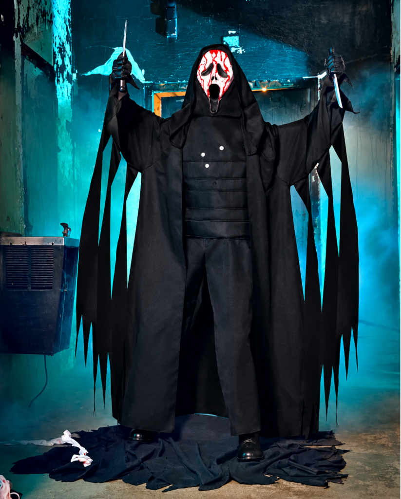 Ghost Face Animatronic by Spirit Halloween with bleeding mask and knives